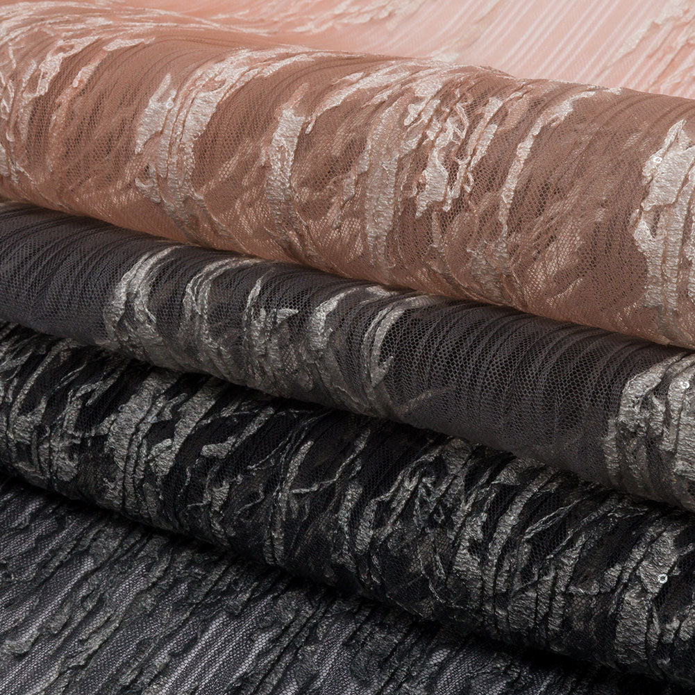 Embroidered Soft Pleated Tulle with Sequins - Charcoal and Blush Ombre Abstract - Sequoia Collection