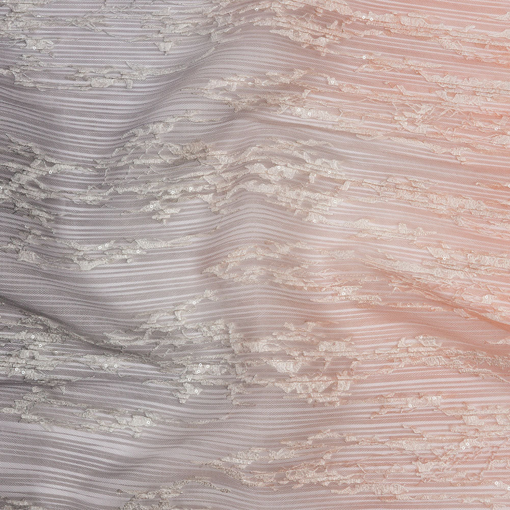 Embroidered Soft Pleated Tulle with Sequins - Charcoal and Blush Ombre Abstract - Sequoia Collection