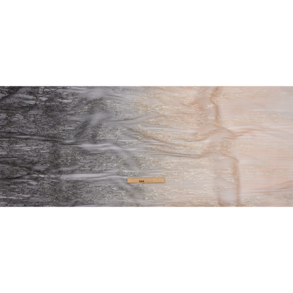 Embroidered Soft Pleated Tulle with Sequins - Black and Taupe Ombre Abstract - Sequoia Collection