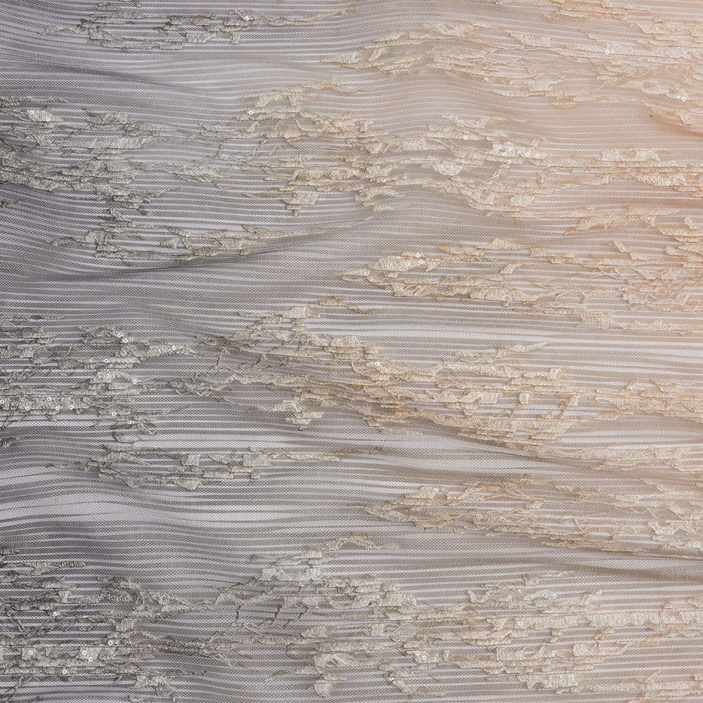 Embroidered Soft Pleated Tulle with Sequins - Black and Taupe Ombre Abstract - Sequoia Collection