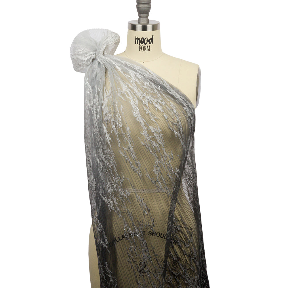 Embroidered Soft Pleated Tulle with Sequins - Black, Gray and White Ombre Abstract - Sequoia Collection