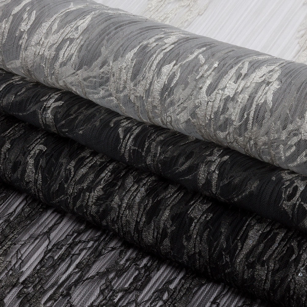 Embroidered Soft Pleated Tulle with Sequins - Black, Gray and White Ombre Abstract - Sequoia Collection
