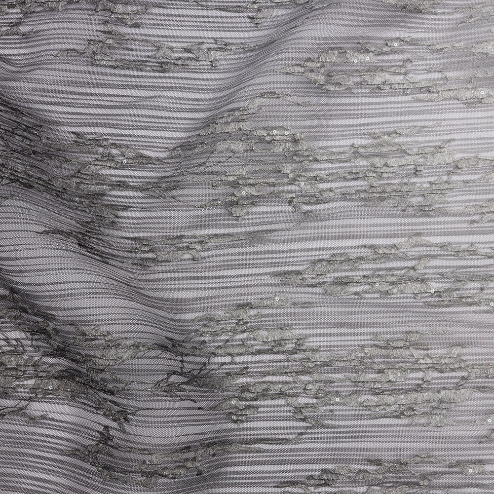 Embroidered Soft Pleated Tulle with Sequins - Black, Gray and White Ombre Abstract - Sequoia Collection