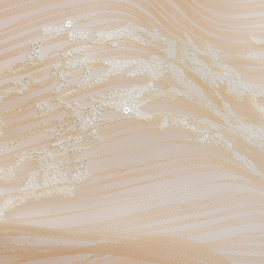 Embroidered Soft Pleated Tulle with Sequins - Beige, Brown and White Ombre Abstract - Sequoia Collection