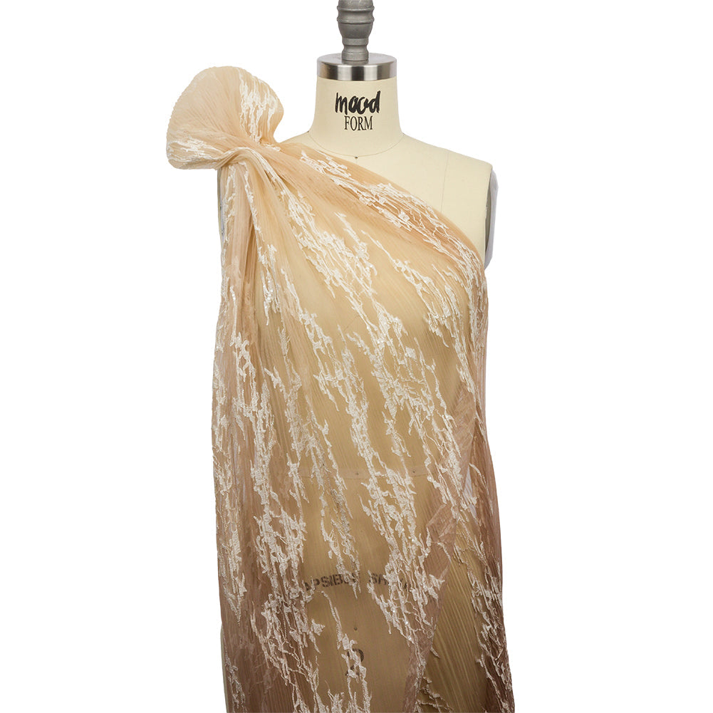 Embroidered Soft Pleated Tulle with Sequins - Beige, Brown and White Ombre Abstract - Sequoia Collection