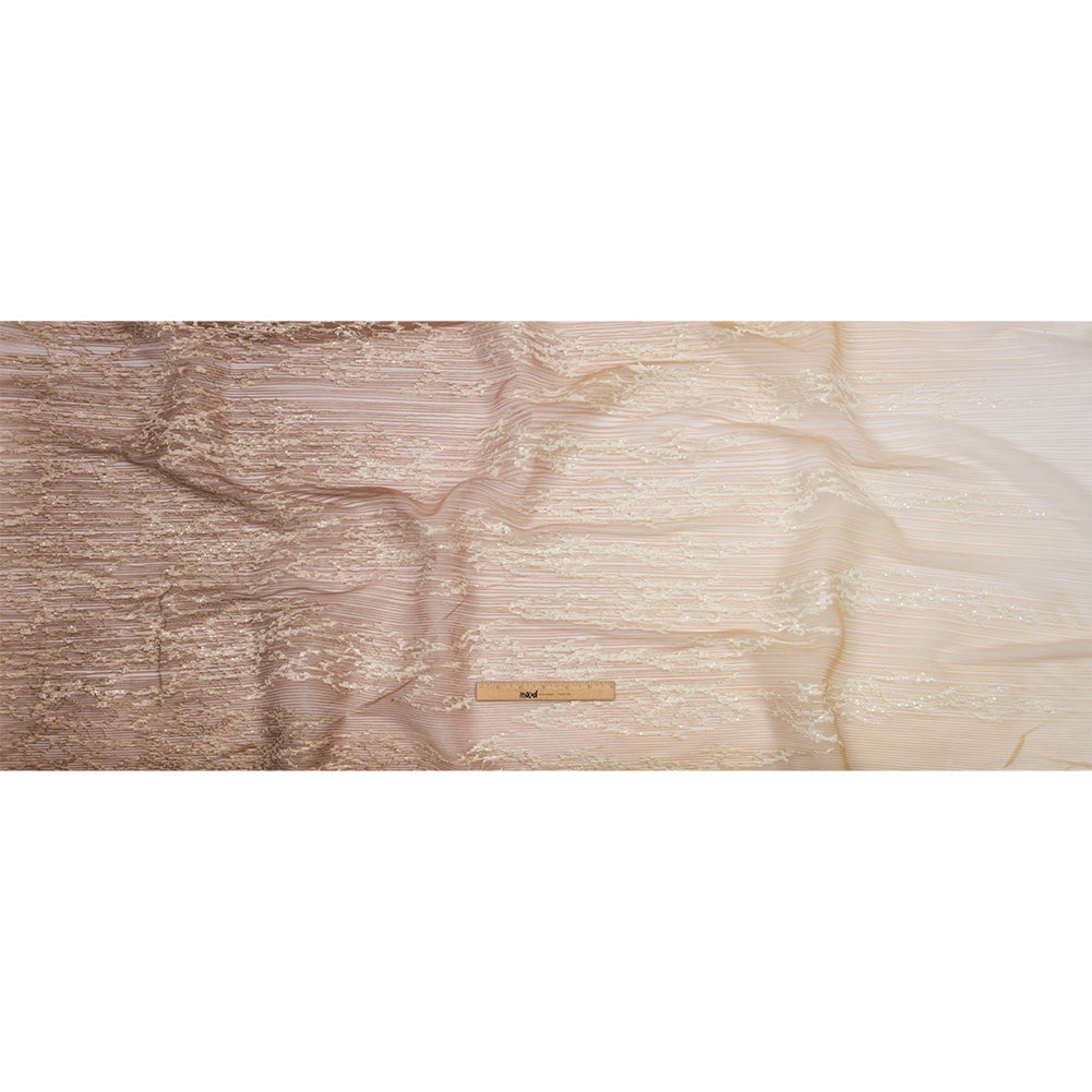 Embroidered Soft Pleated Tulle with Sequins - Beige, Brown and White Ombre Abstract - Sequoia Collection