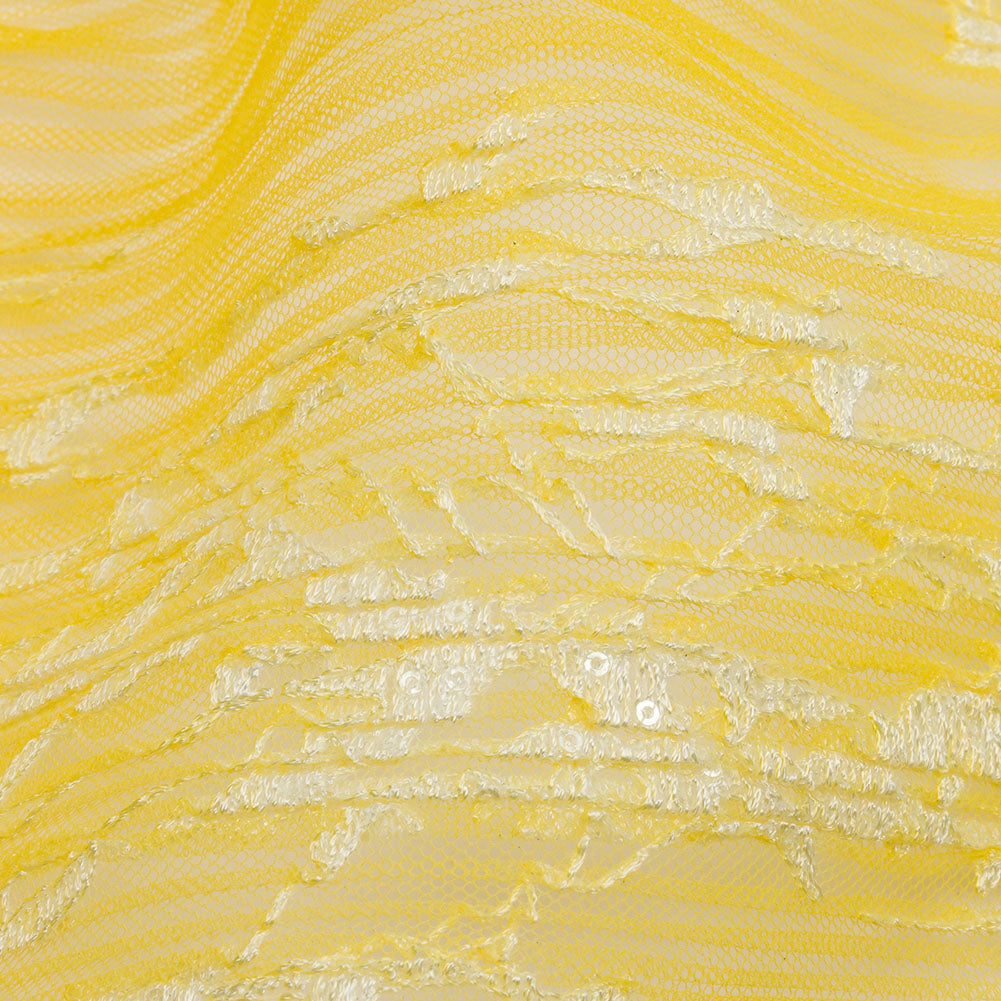 Embroidered Soft Pleated Tulle with Sequins - White and Lemon Ombre Abstract - Sequoia Collection