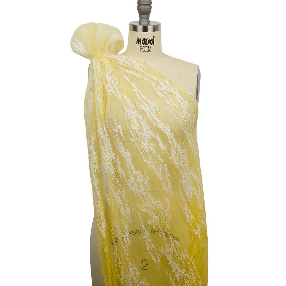Embroidered Soft Pleated Tulle with Sequins - White and Lemon Ombre Abstract - Sequoia Collection