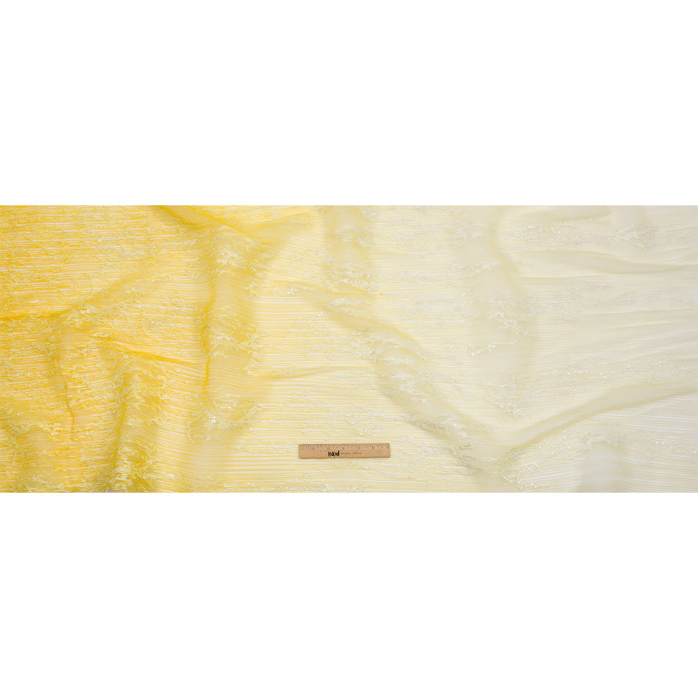 Embroidered Soft Pleated Tulle with Sequins - White and Lemon Ombre Abstract - Sequoia Collection