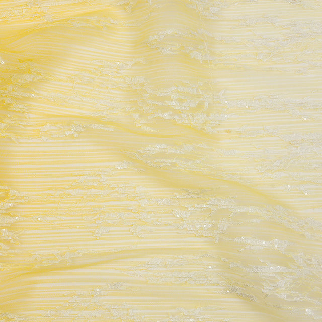 Embroidered Soft Pleated Tulle with Sequins - White and Lemon Ombre Abstract - Sequoia Collection