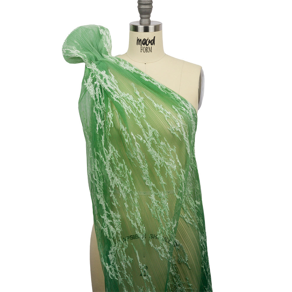Embroidered Soft Pleated Tulle with Sequins - Mint, Green and White Ombre Abstract - Sequoia Collection