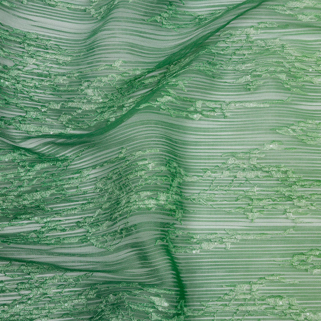 Embroidered Soft Pleated Tulle with Sequins - Mint, Green and White Ombre Abstract - Sequoia Collection