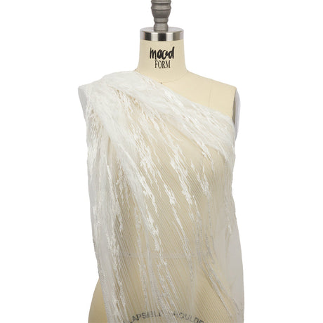 Embroidered Soft Pleated Tulle with Clear Baby Sequins - Off White Abstract - Linden Collection