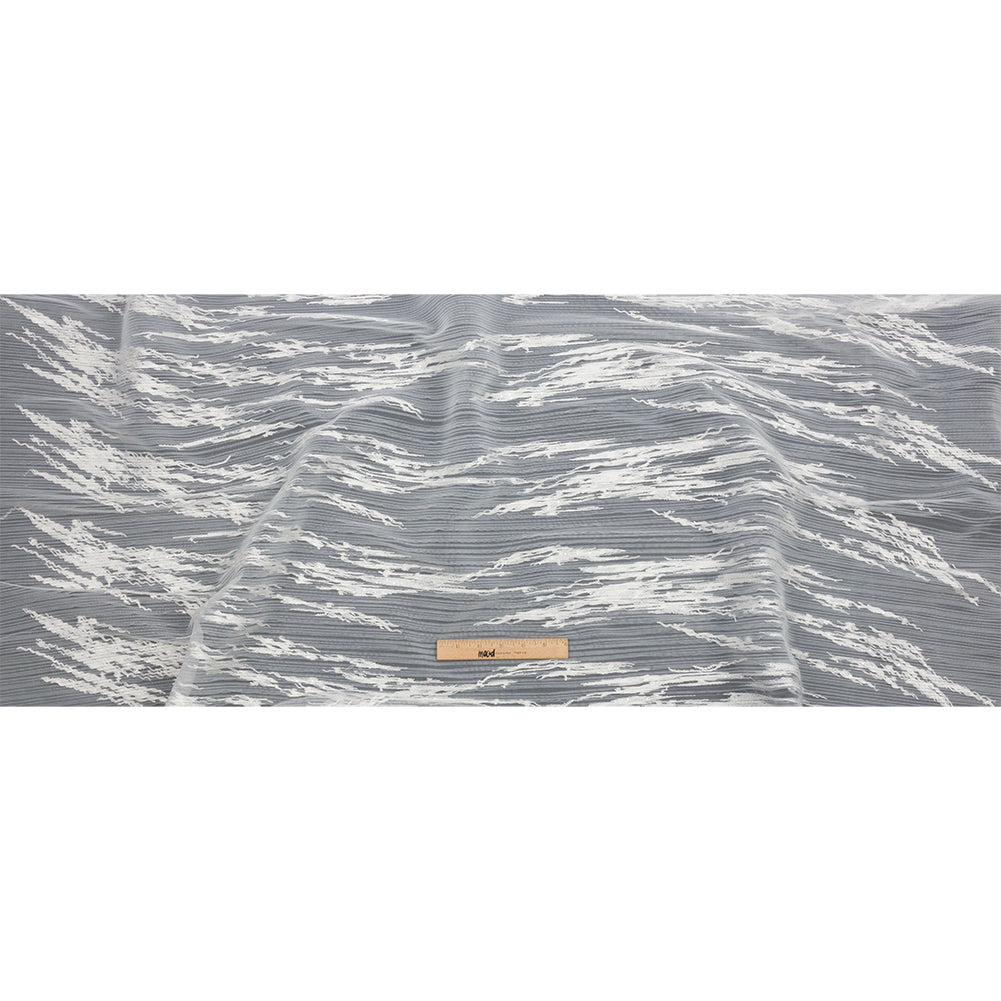 Embroidered Soft Pleated Tulle with Clear Baby Sequins - Off White Abstract - Linden Collection