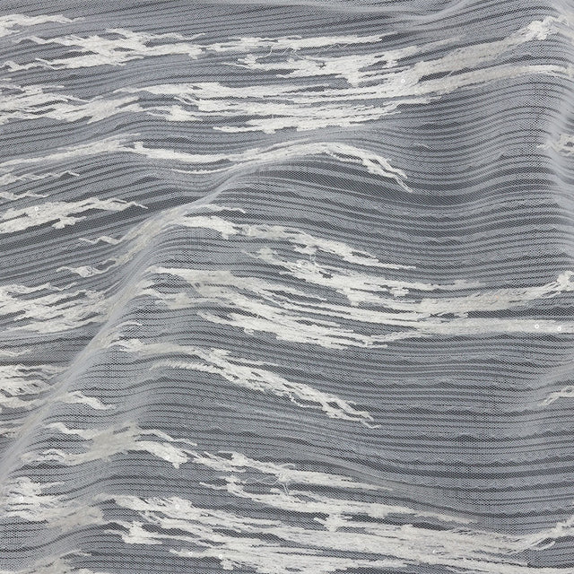 Embroidered Soft Pleated Tulle with Clear Baby Sequins - Off White Abstract - Linden Collection