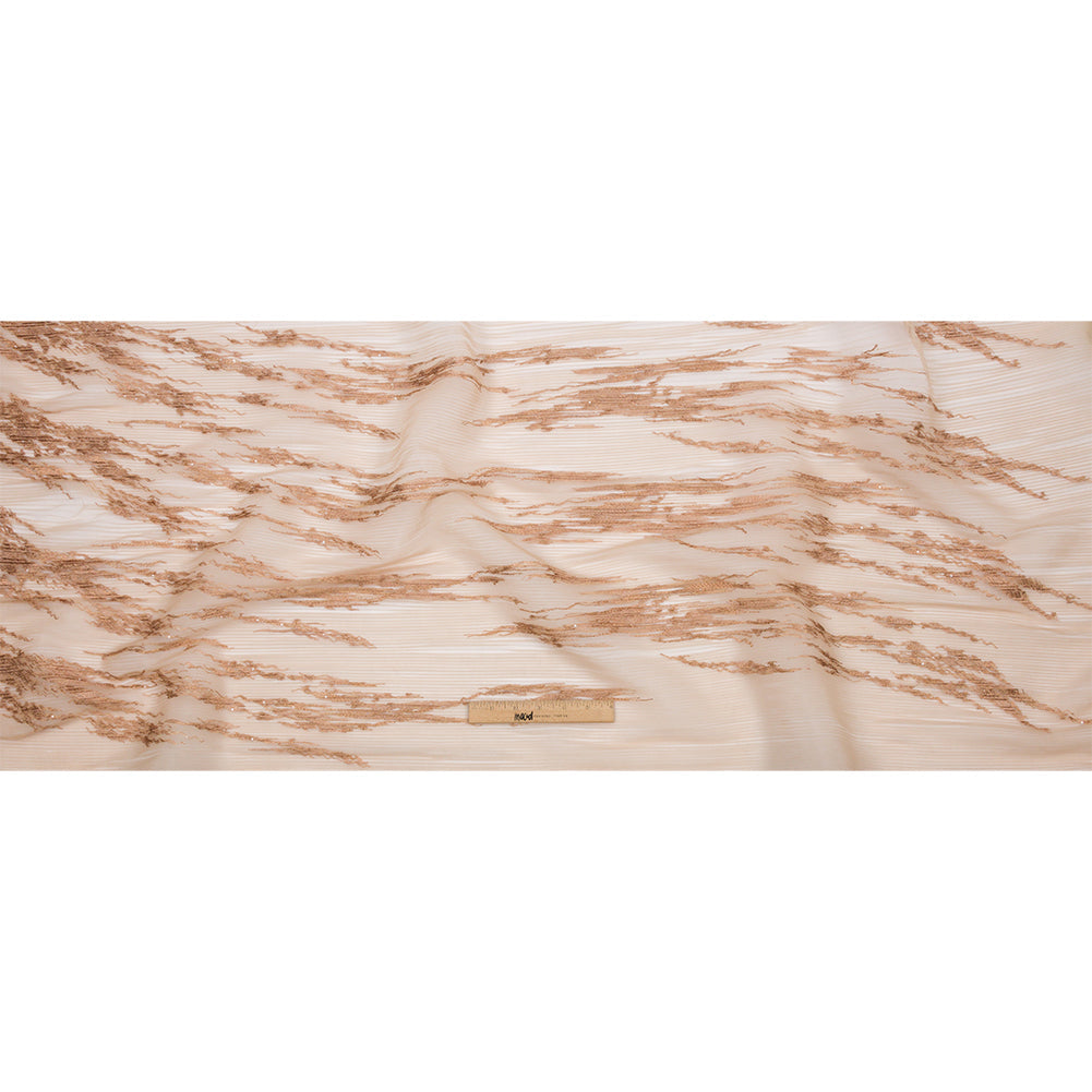 Embroidered Soft Pleated Tulle with Clear Baby Sequins - Caramel Abstract - Linden Collection