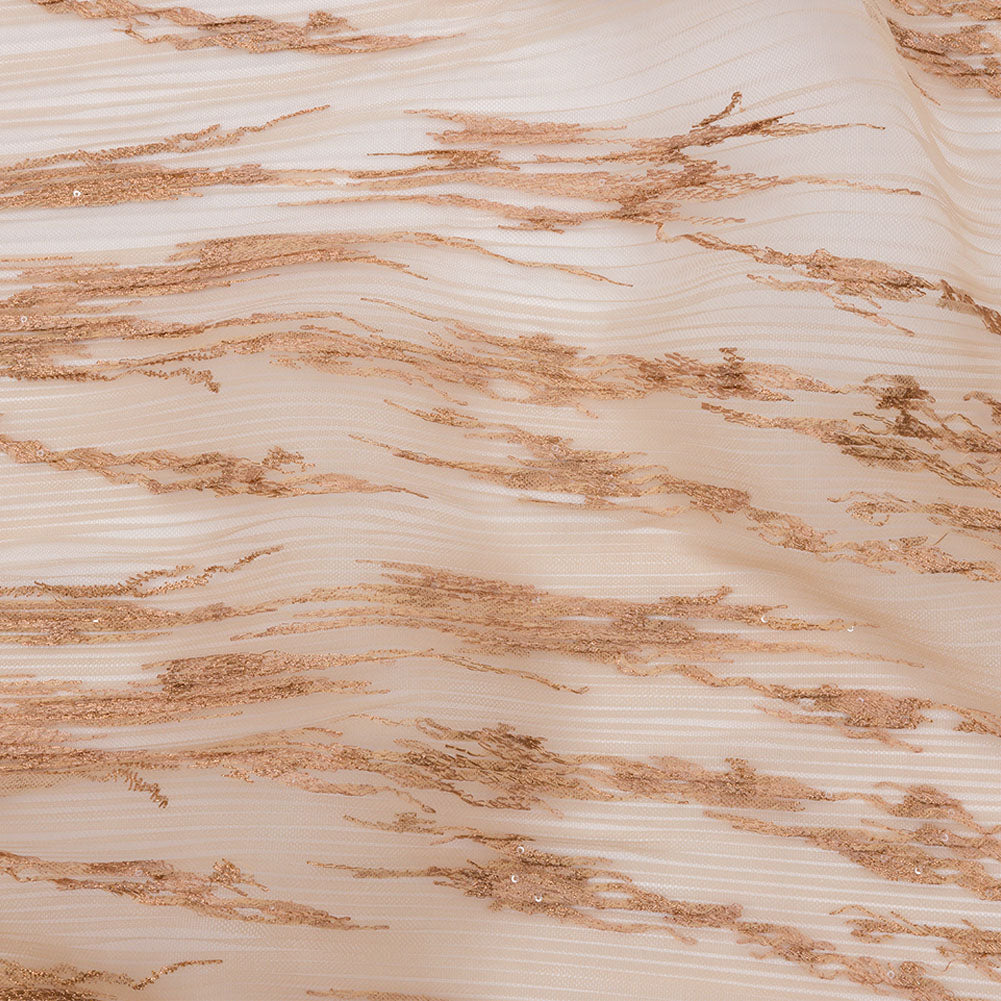 Embroidered Soft Pleated Tulle with Clear Baby Sequins - Caramel Abstract - Linden Collection