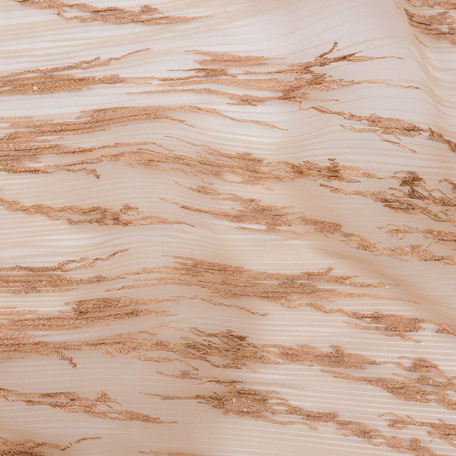 Embroidered Soft Pleated Tulle with Clear Baby Sequins - Caramel Abstract - Linden Collection