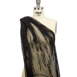 Embroidered Soft Pleated Tulle with Clear Baby Sequins - Black Abstract - Linden Collection