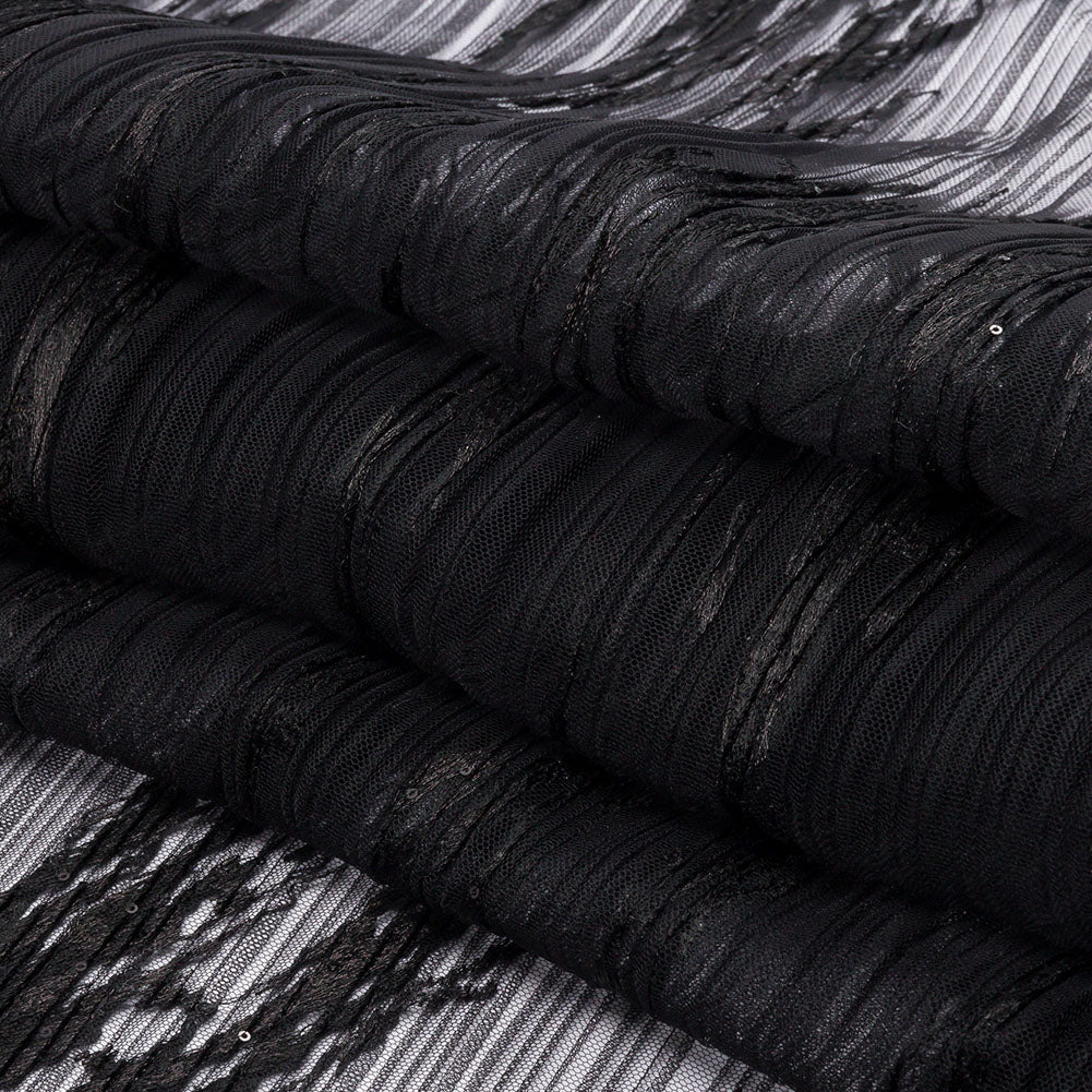 Embroidered Soft Pleated Tulle with Clear Baby Sequins - Black Abstract - Linden Collection