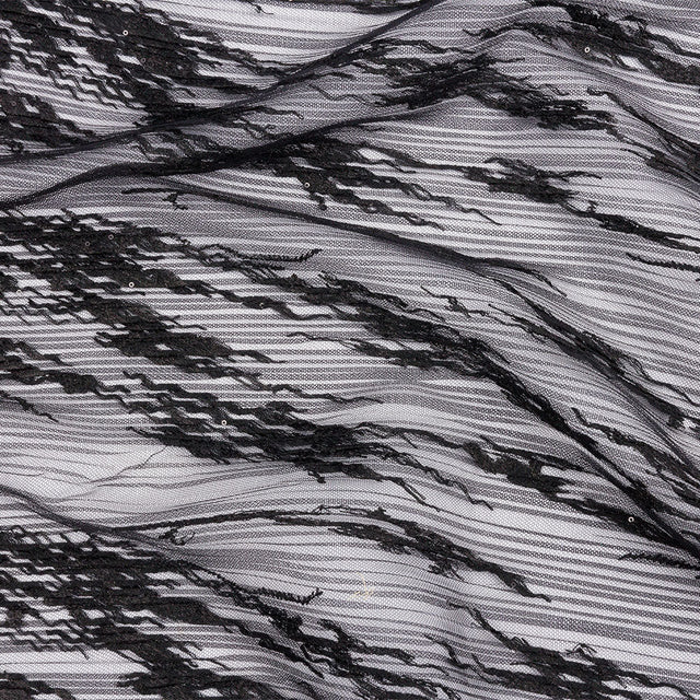 Embroidered Soft Pleated Tulle with Clear Baby Sequins - Black Abstract - Linden Collection