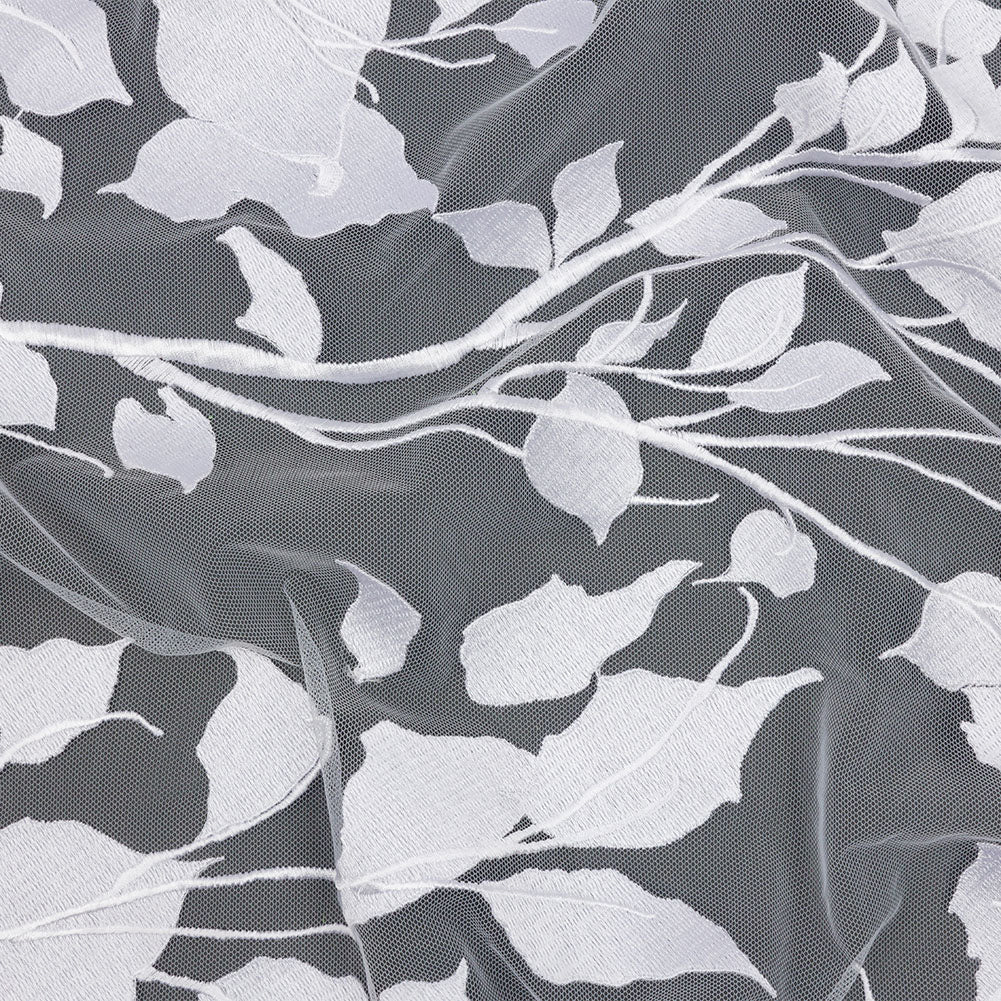Embroidered Tulle Lace - White Leafy Branches - Magnolia Collection