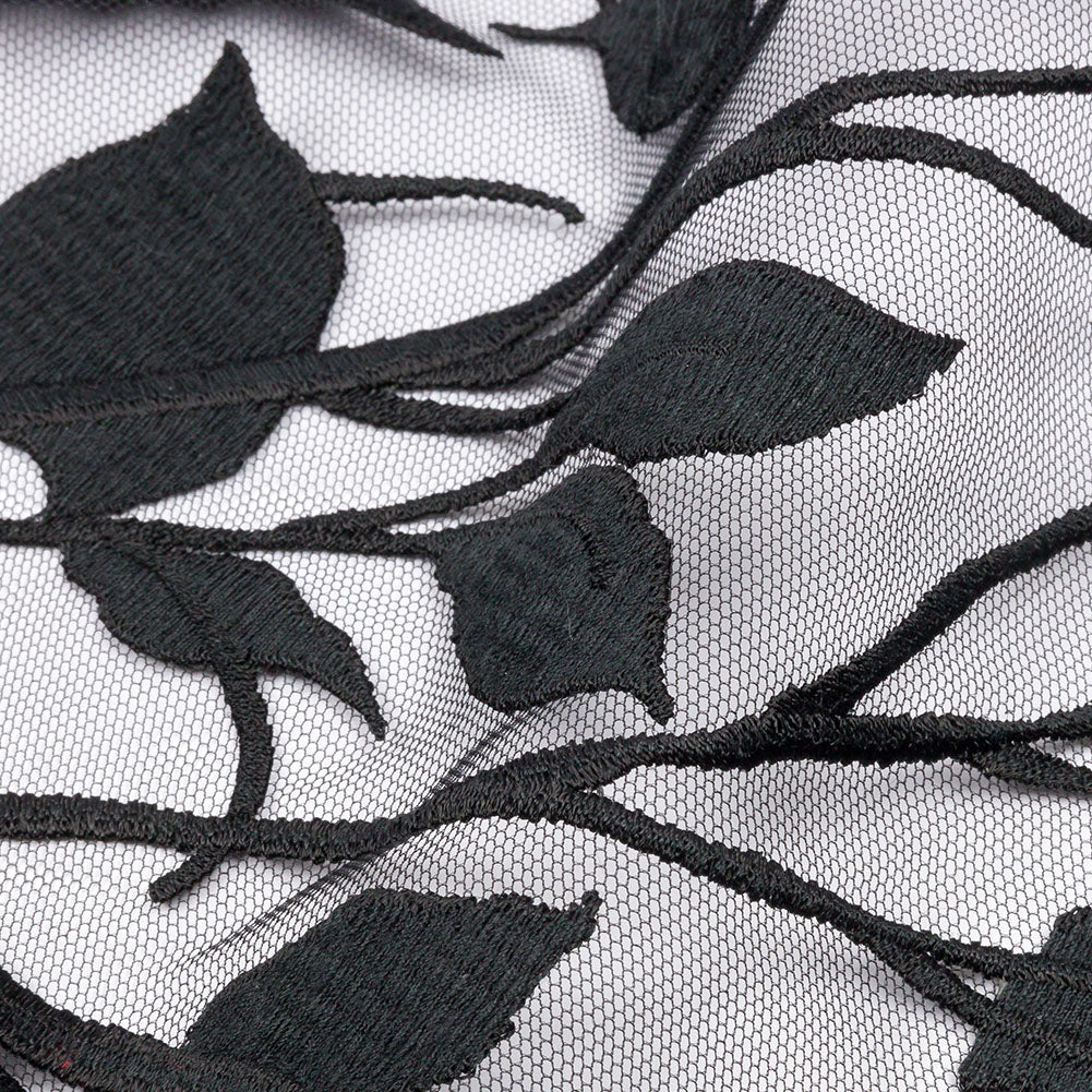 Embroidered Tulle Lace - Black Leafy Branches - Magnolia Collection