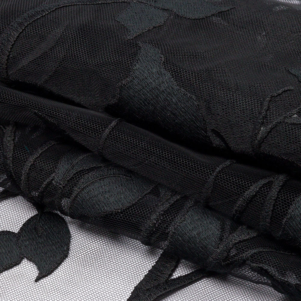 Embroidered Tulle Lace - Black Leafy Branches - Magnolia Collection