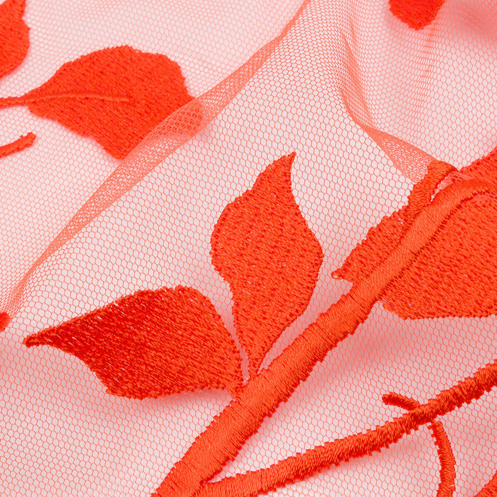 Embroidered Tulle Lace - Orange Leafy Branches - Magnolia Collection