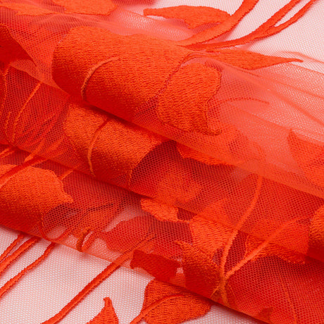 Embroidered Tulle Lace - Orange Leafy Branches - Magnolia Collection