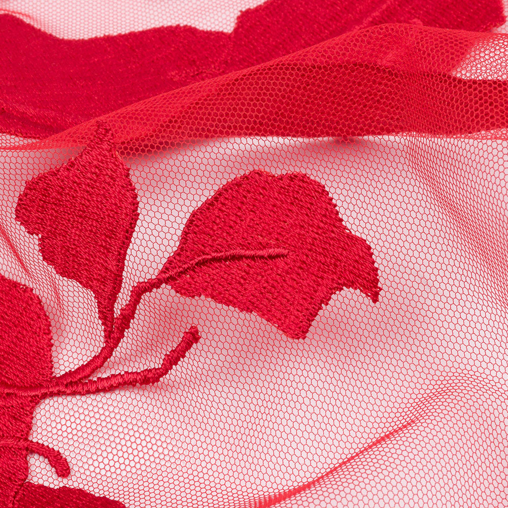 Embroidered Tulle Lace - Red Leafy Branches - Magnolia Collection