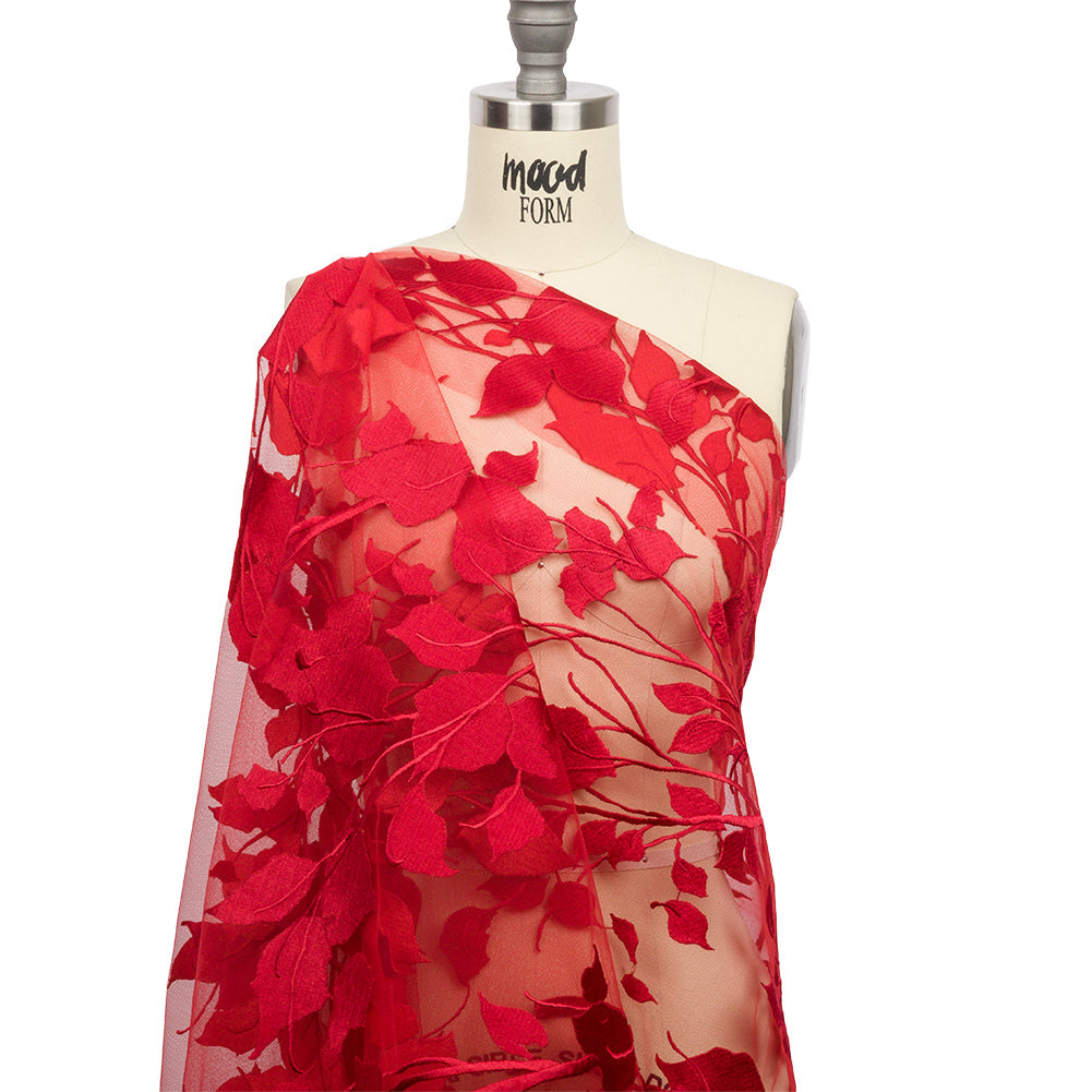 Embroidered Tulle Lace - Red Leafy Branches - Magnolia Collection