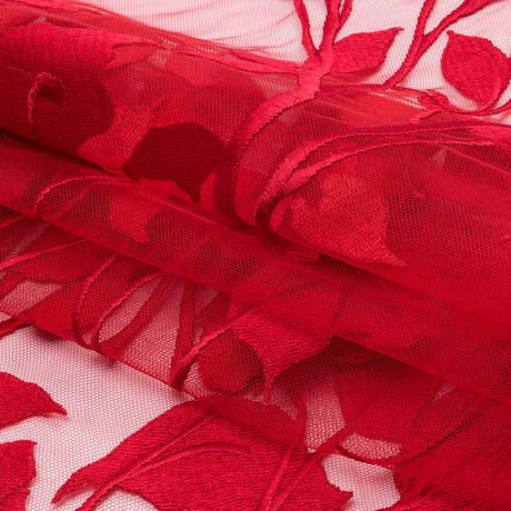 Embroidered Tulle Lace - Red Leafy Branches - Magnolia Collection