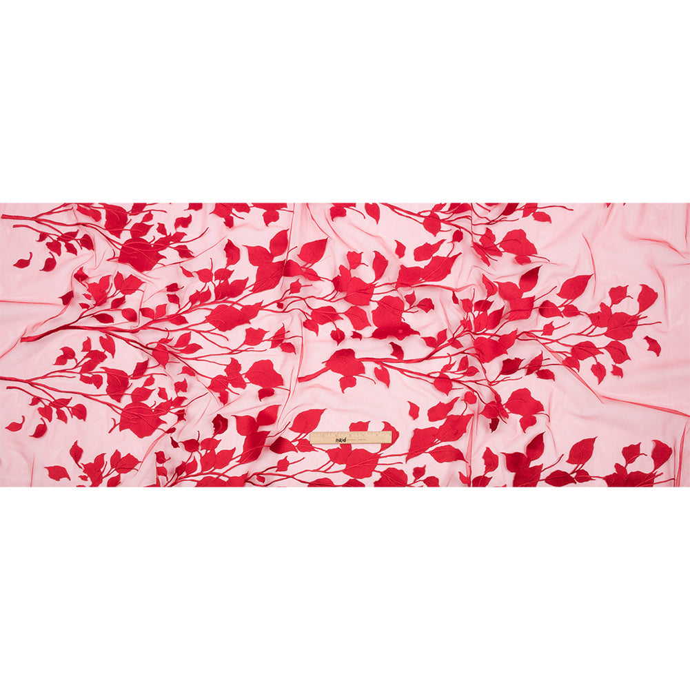 Embroidered Tulle Lace - Red Leafy Branches - Magnolia Collection