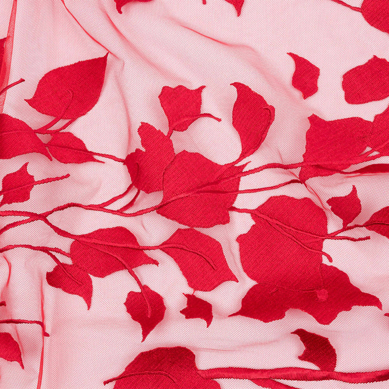 Embroidered Tulle Lace - Red Leafy Branches - Magnolia Collection
