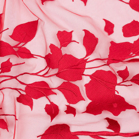 Embroidered Tulle Lace - Red Leafy Branches - Magnolia Collection