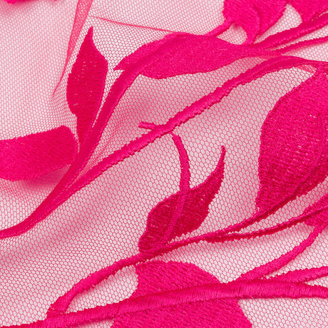 Embroidered Tulle Lace - Fuchsia Leafy Branches - Magnolia Collection