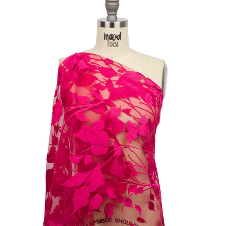 Embroidered Tulle Lace - Fuchsia Leafy Branches - Magnolia Collection