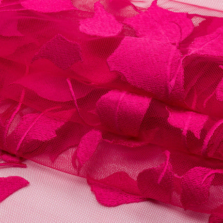 Embroidered Tulle Lace - Fuchsia Leafy Branches - Magnolia Collection