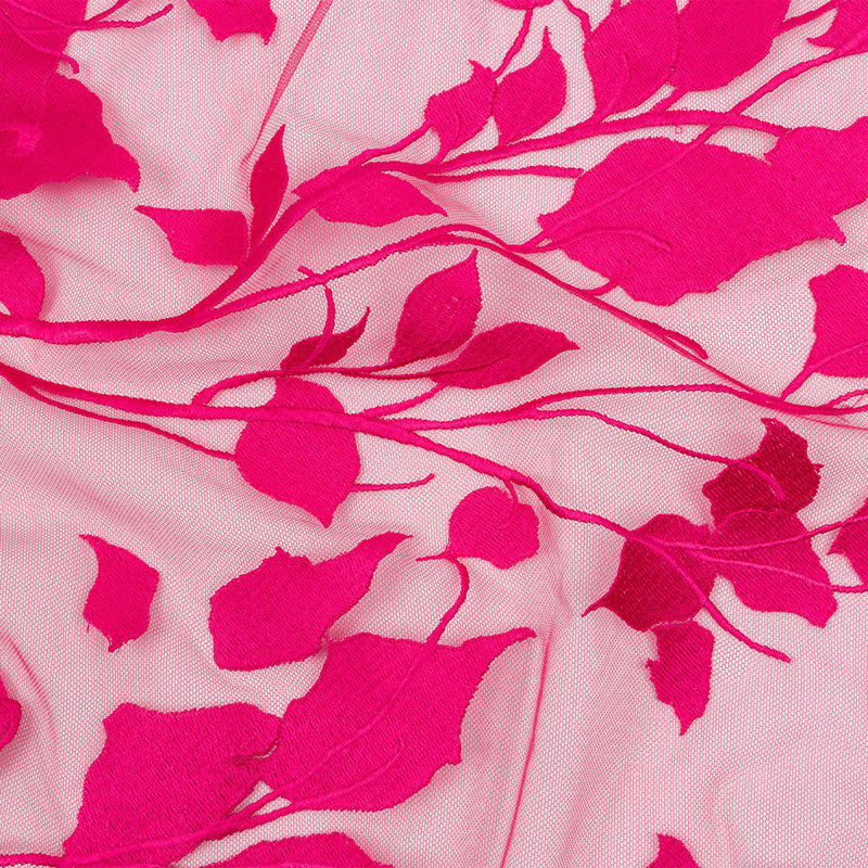 Embroidered Tulle Lace - Fuchsia Leafy Branches - Magnolia Collection