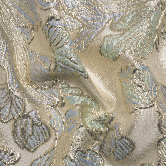 Metallic Silver, Periwinkle and Baby Blue Liquid Leaves Luxury Brocade