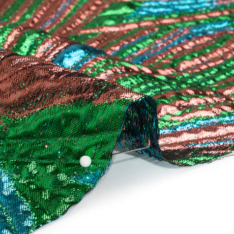 Metallic Copper, Kelly Green and Teal Radiating Lines Luxury Brocade