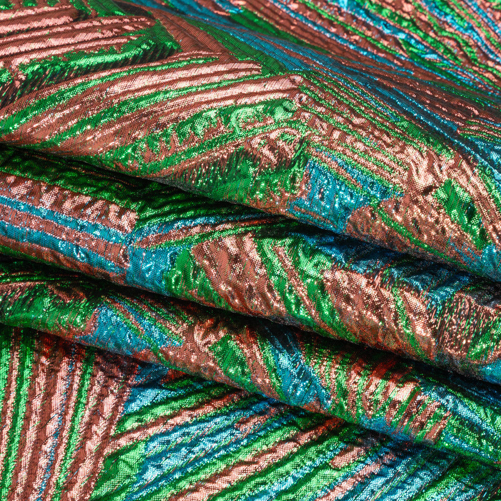 Metallic Copper, Kelly Green and Teal Radiating Lines Luxury Brocade