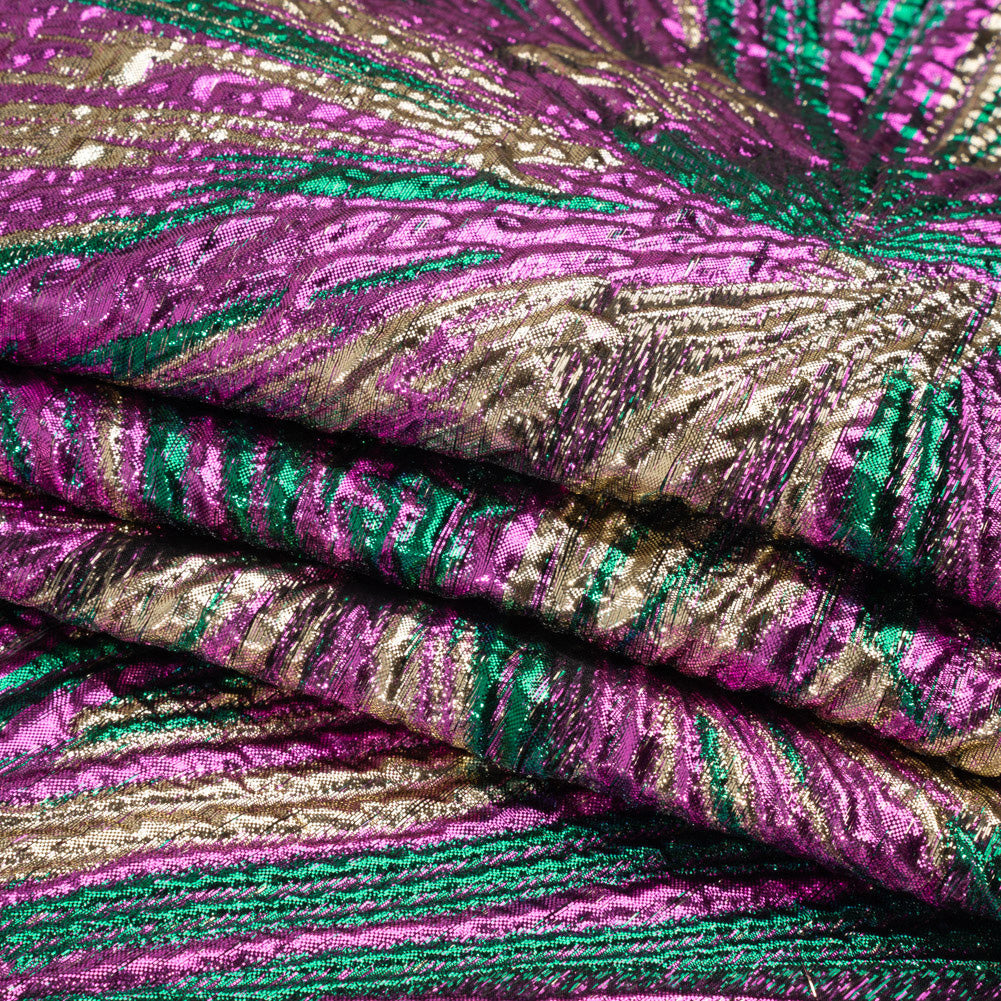 Metallic Gold, Fuchsia and Green Radiating Lines Luxury Brocade