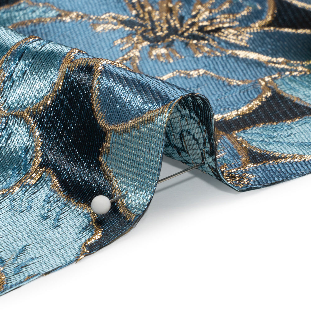 Metallic Gold, Sky and Country Blue Floral Frolic Luxury Brocade
