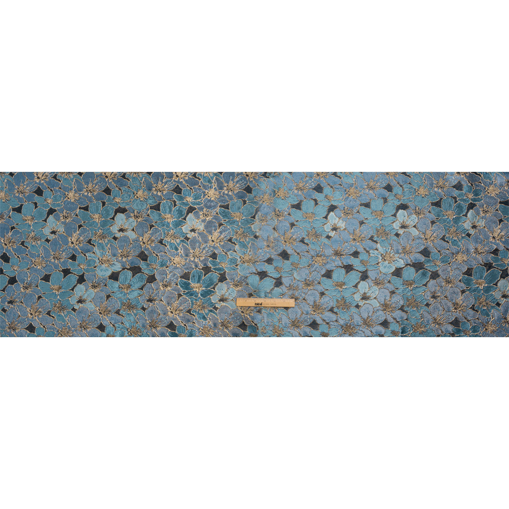 Metallic Gold, Sky and Country Blue Floral Frolic Luxury Brocade