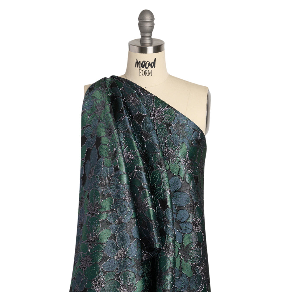 Metallic Black, Navy and Deep Green Floral Frolic Luxury Brocade