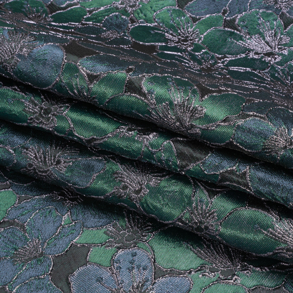 Metallic Black, Navy and Deep Green Floral Frolic Luxury Brocade