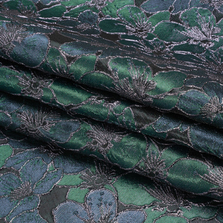 Metallic Black, Navy and Deep Green Floral Frolic Luxury Brocade