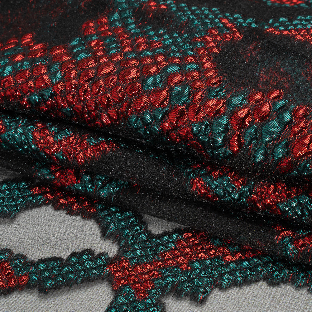 Metallic Teal, Red and Black Snakeskin Sprawl Burnout Luxury Brocade